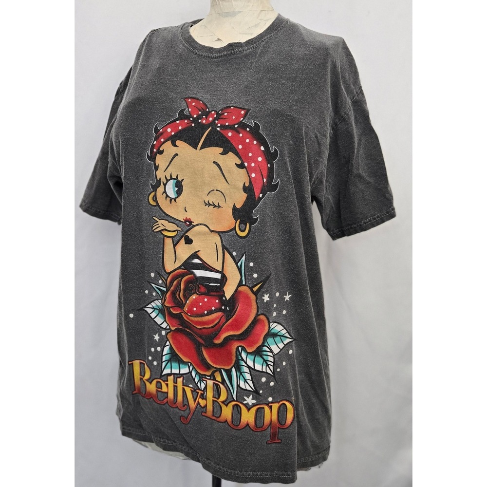 Betty Boop Graphic T-Shirt S/M Gray Rose Flower Cartoon Tee Licensed‎ 2021 Y2K